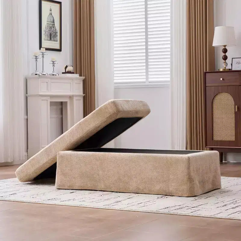Banc ottoman de rangement moderne sans accoudoirs en chenille avec pieds en métal noir, pouf ottoman rembourré pour salon, chambre à coucher