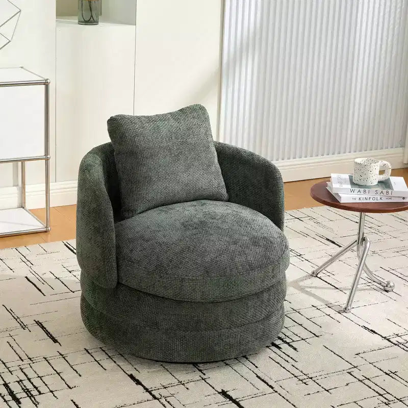 Fauteuil club moderne pivotant rond de 30 W, Fauteuil de salon avec oreiller, Fauteuil club rembourré en chenille pour salon, chambre, balcon