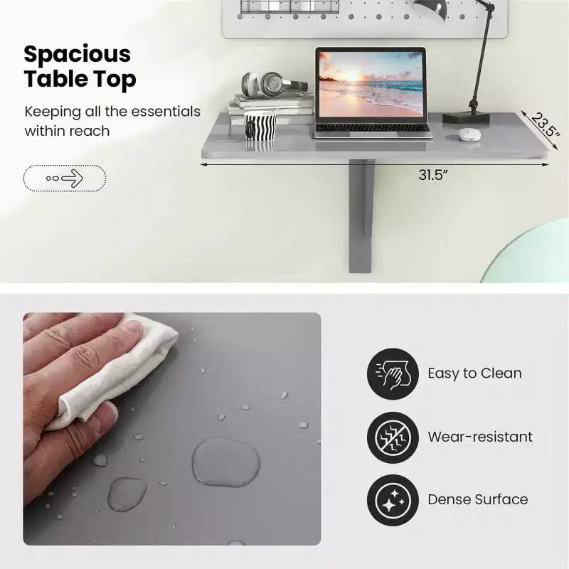 Wall-Mounted Drop-Leaf Table Floating Folding Desk Space Saver Gray