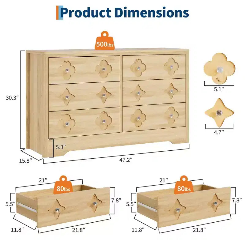 Commode en rotin pour chambre à coucher avec 6 tiroirs, commode large de 119 cm avec grand espace de rangement pour vêtements, commode à 6 tiroirs, marron
