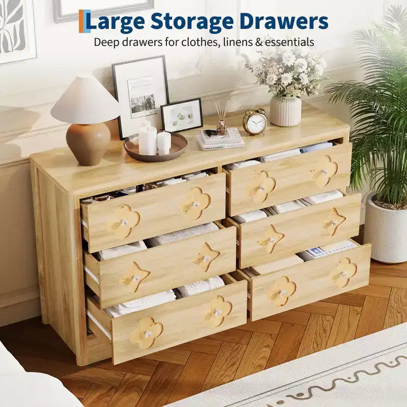 Commode en rotin pour chambre à coucher avec 6 tiroirs, commode large de 119 cm avec grand espace de rangement pour vêtements, commode à 6 tiroirs, marron