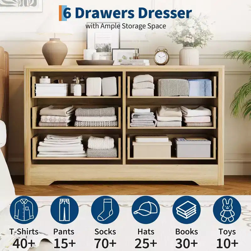 Commode en rotin pour chambre à coucher avec 6 tiroirs, commode large de 119 cm avec grand espace de rangement pour vêtements, commode à 6 tiroirs, marron