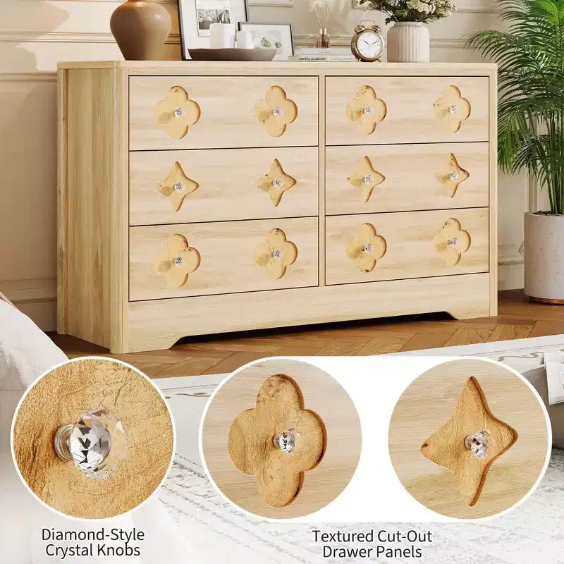 Commode en rotin pour chambre à coucher avec 6 tiroirs, commode large de 119 cm avec grand espace de rangement pour vêtements, commode à 6 tiroirs, marron