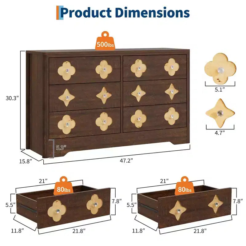 Commode en rotin pour chambre à coucher avec 6 tiroirs, commode large de 119 cm avec grand espace de rangement pour vêtements, commode à 6 tiroirs, marron