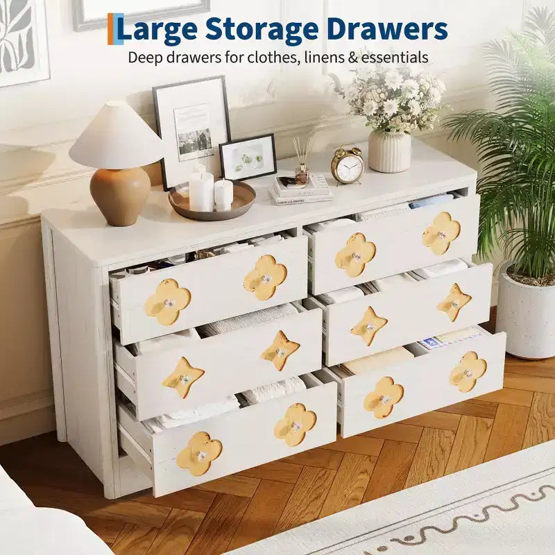 Commode en rotin pour chambre à coucher avec 6 tiroirs, commode large de 119 cm avec grand espace de rangement pour vêtements, commode à 6 tiroirs, marron