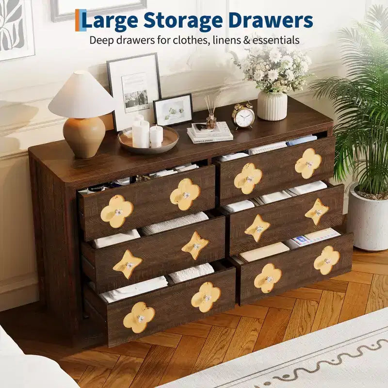 Commode en rotin pour chambre à coucher avec 6 tiroirs, commode large de 119 cm avec grand espace de rangement pour vêtements, commode à 6 tiroirs, marron