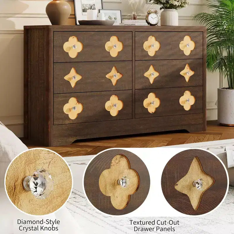 Commode en rotin pour chambre à coucher avec 6 tiroirs, commode large de 119 cm avec grand espace de rangement pour vêtements, commode à 6 tiroirs, marron