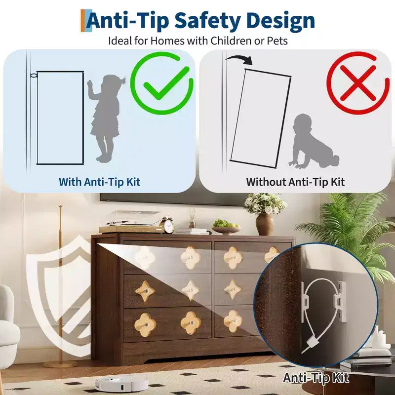 Commode en rotin pour chambre à coucher avec 6 tiroirs, commode large de 119 cm avec grand espace de rangement pour vêtements, commode à 6 tiroirs, marron