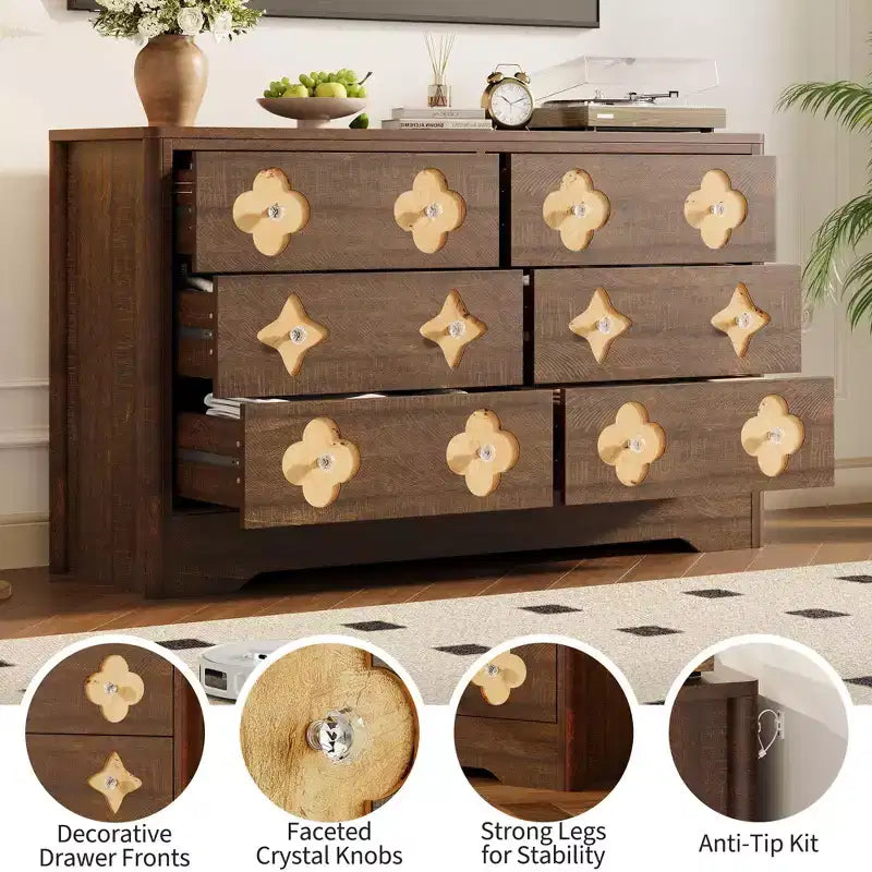 Commode en rotin pour chambre à coucher avec 6 tiroirs, commode large de 119 cm avec grand espace de rangement pour vêtements, commode à 6 tiroirs, marron