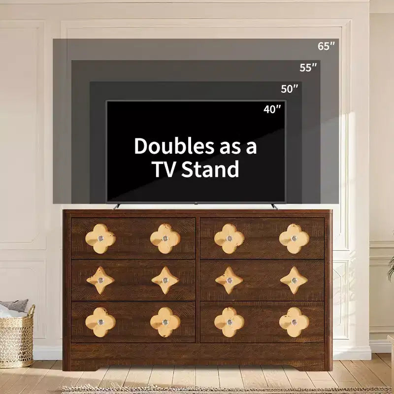Commode en rotin pour chambre à coucher avec 6 tiroirs, commode large de 119 cm avec grand espace de rangement pour vêtements, commode à 6 tiroirs, marron