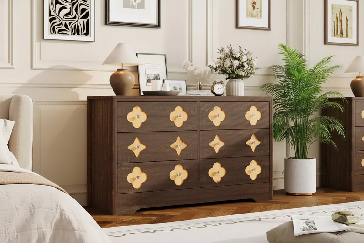 Rattan Dresser for Bedroom with 6 Drawers, 47'' Wide Chest of Large Drawers with Large Clothes Storage, 6 Drawer Dresser, Brwon