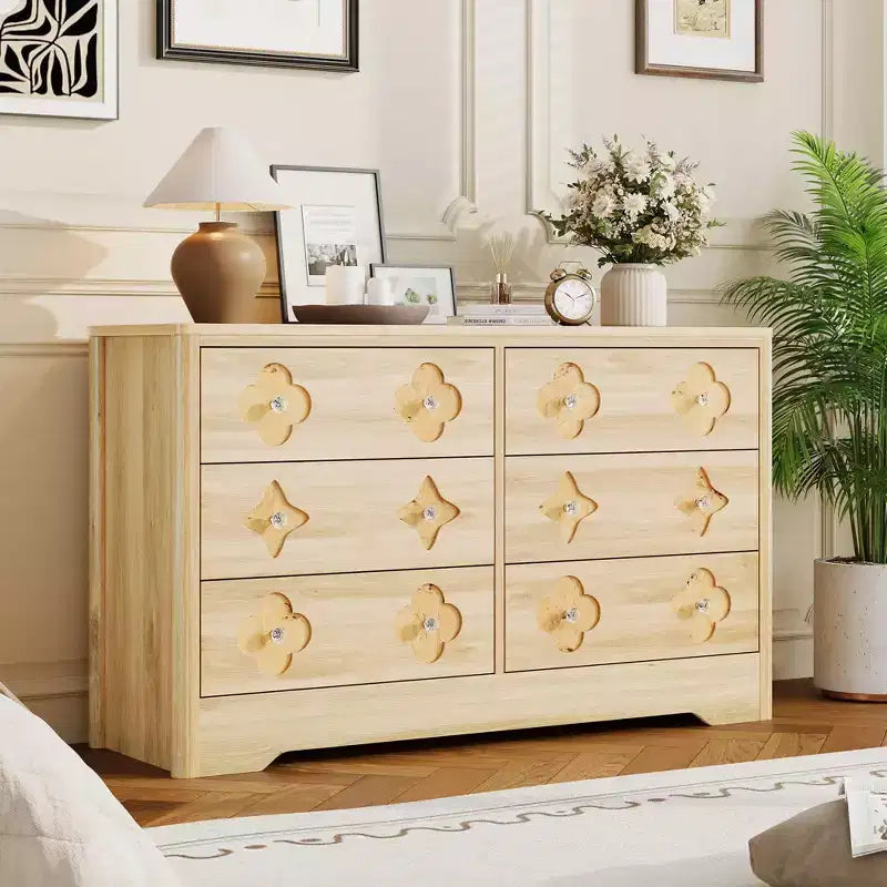 Commode en rotin pour chambre à coucher avec 6 tiroirs, commode large de 119 cm avec grand espace de rangement pour vêtements, commode à 6 tiroirs, marron