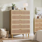 PB+PE Rattan Vertical 5-Drawer Cabinet (U7 5RDrawer002), Wood Tone, Space-Saving Vertical Style, Bedroom Cabinet