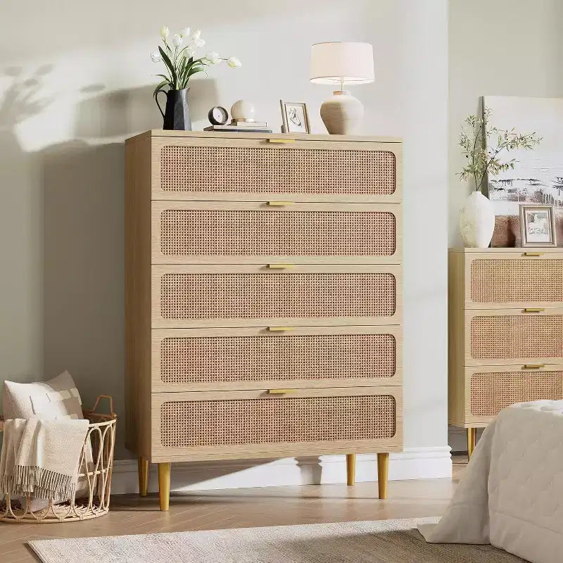 PB+PE Rattan Vertical 5-Drawer Cabinet (U7 5RDrawer002), Wood Tone, Space-Saving Vertical Style, Bedroom Cabinet