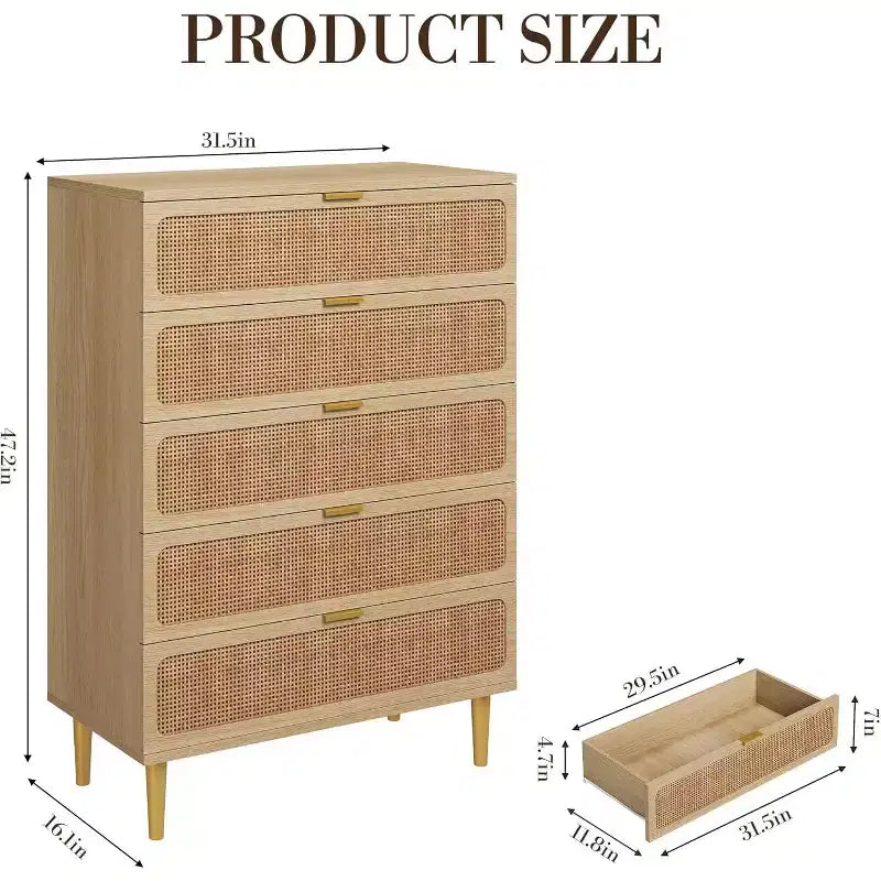 Commode verticale à 5 tiroirs en rotin PB+PE, ton bois, style vertical peu encombrant, meuble de chambre.