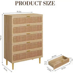 Commode verticale à 5 tiroirs en rotin PB+PE, ton bois, style vertical peu encombrant, meuble de chambre.