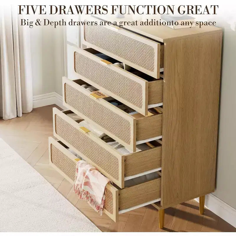 Commode verticale à 5 tiroirs en rotin PB+PE, ton bois, style vertical peu encombrant, meuble de chambre.