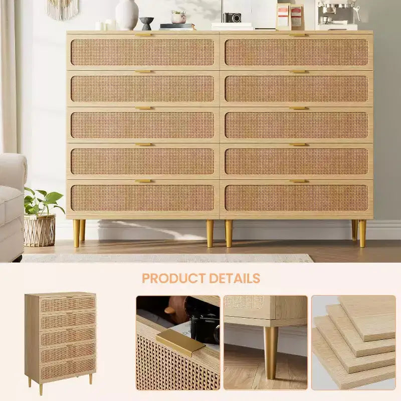 Commode verticale à 5 tiroirs en rotin PB+PE, ton bois, style vertical peu encombrant, meuble de chambre.