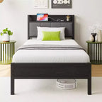 GDFStudio Lyra Modern Metal and Wooden Platform Bed Frame with Storage Headboard and Charging Station
