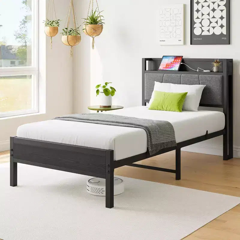 Modern Metal and Wooden Platform Bed Frame with Storage Headboard and Charging Station