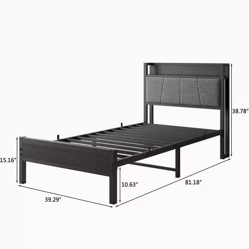 Modern Metal and Wooden Platform Bed Frame with Storage Headboard and Charging Station