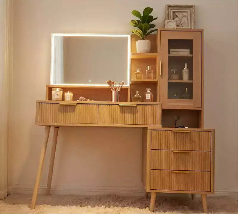 Modern Makeup Vanity Desk with 24 HD Lighted Mirror - 5 Drawers, Power Outlet & USB Ports, Fluted Dressing Table for Women & Girls