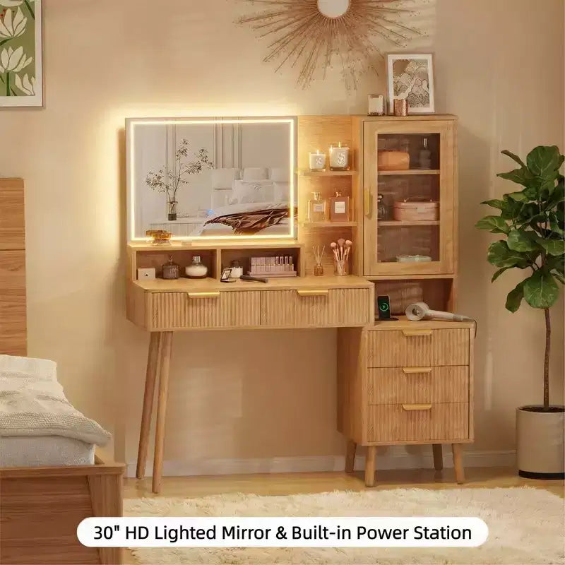 Modern Makeup Vanity Desk with 24 HD Lighted Mirror - 5 Drawers, Power Outlet & USB Ports, Fluted Dressing Table for Women & Girls