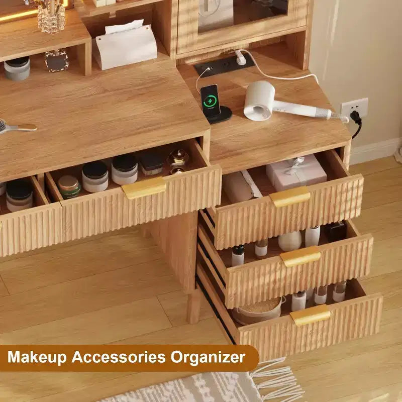 Coiffeuse moderne avec miroir lumineux HD 24 pouces, 5 tiroirs, prise électrique et ports USB, table de maquillage cannelée pour femmes et filles