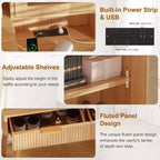 Coiffeuse moderne avec miroir lumineux HD 24 pouces, 5 tiroirs, prise électrique et ports USB, table de maquillage cannelée pour femmes et filles