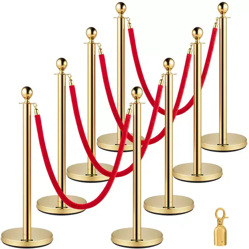 VEVOR Crowd Control Stanchion, Set of 8 Pieces Stanchion Set, Stanchion Set with 5 ft/1.5 m Red Velvet Rope, Gold Crowd Control Barrier, Gold