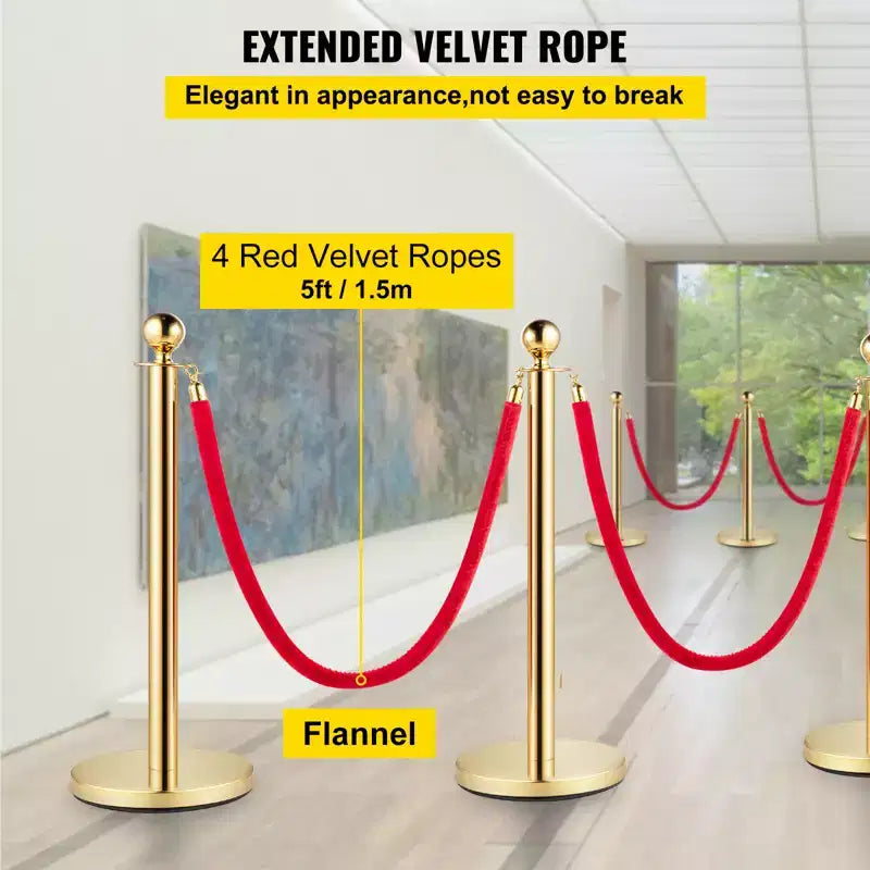 Poteau de contrôle de foule, ensemble de 8 poteaux avec corde en velours rouge de 1,5 m, barrière de contrôle de foule dorée, dorée