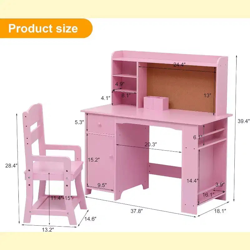 Kids Study Desk with Cabinet & Drawer - Pink Great for Kids' Bedroom & Playroom