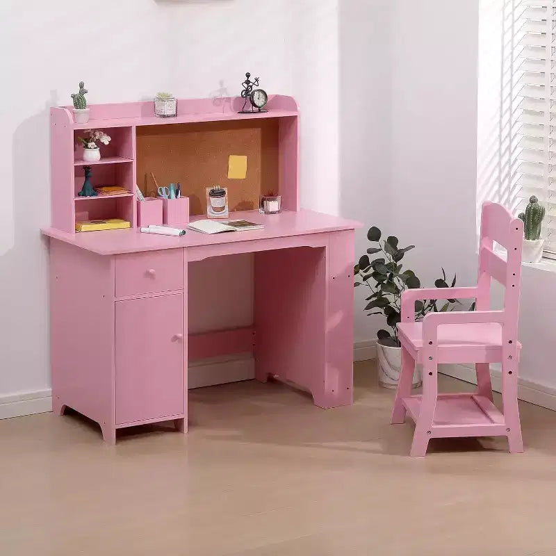 Bureau d'étude pour enfants avec armoire et tiroir - Rose - Idéal pour la chambre et la salle de jeux des enfants