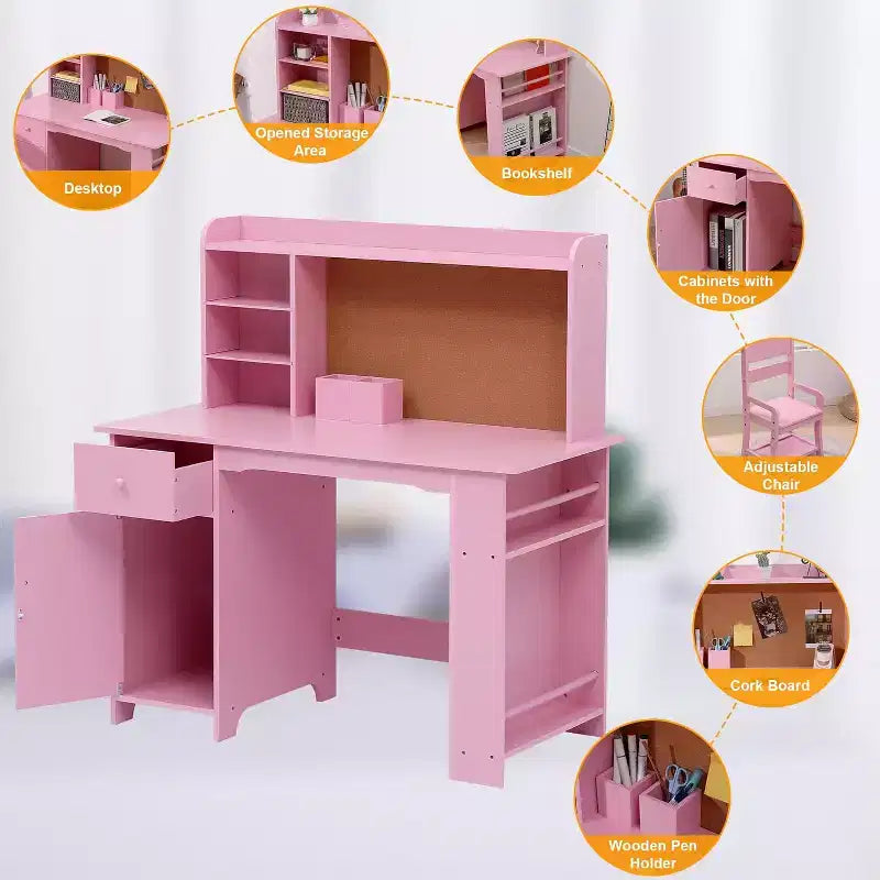 Kids Study Desk with Cabinet & Drawer - Pink Great for Kids' Bedroom & Playroom