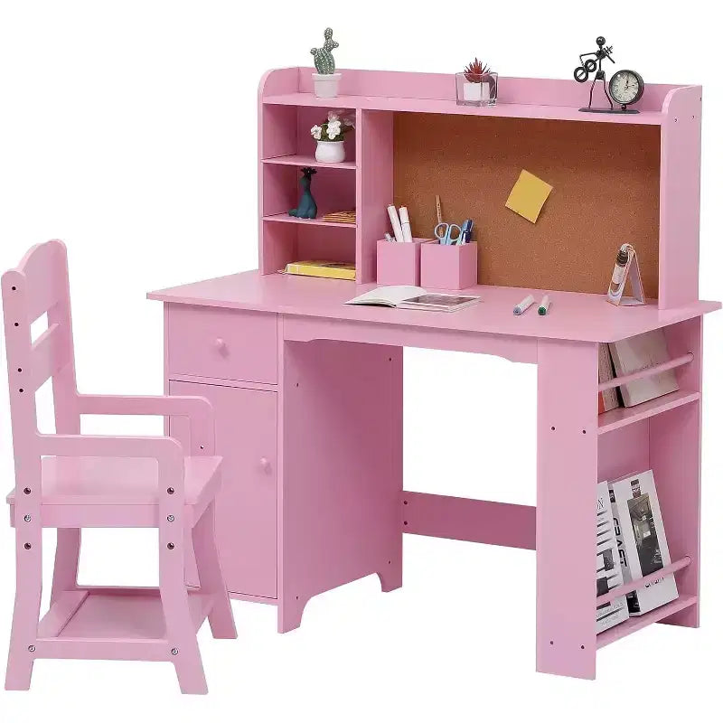 Bureau d'étude pour enfants avec armoire et tiroir - Rose - Idéal pour la chambre et la salle de jeux des enfants