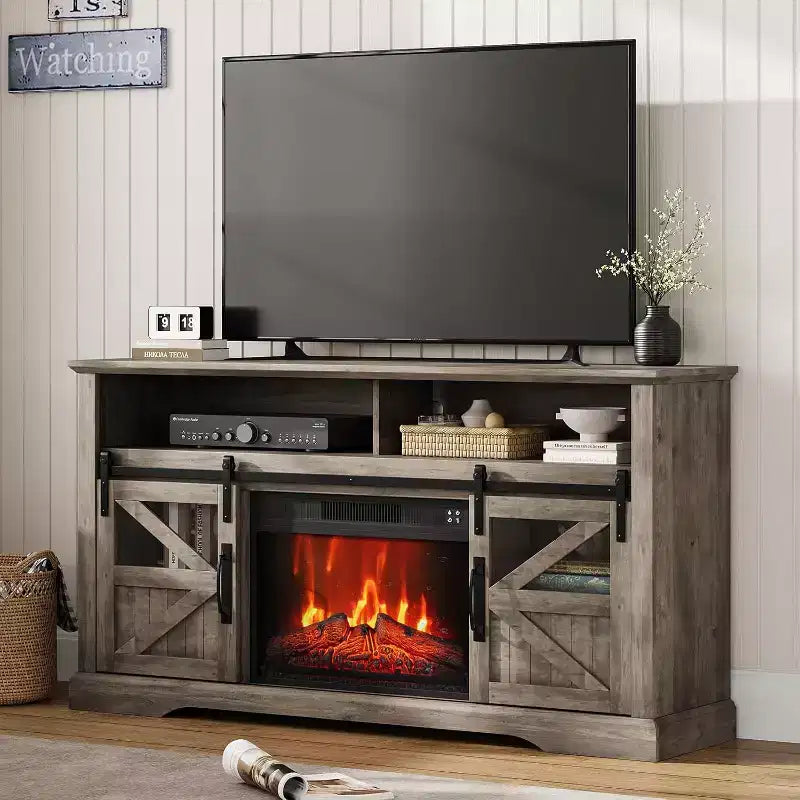 Meuble TV de ferme pour téléviseurs de 65 pouces, meuble de divertissement avec éclairage d'ambiance, meuble de rangement à portes coulissantes avec étagères réglables