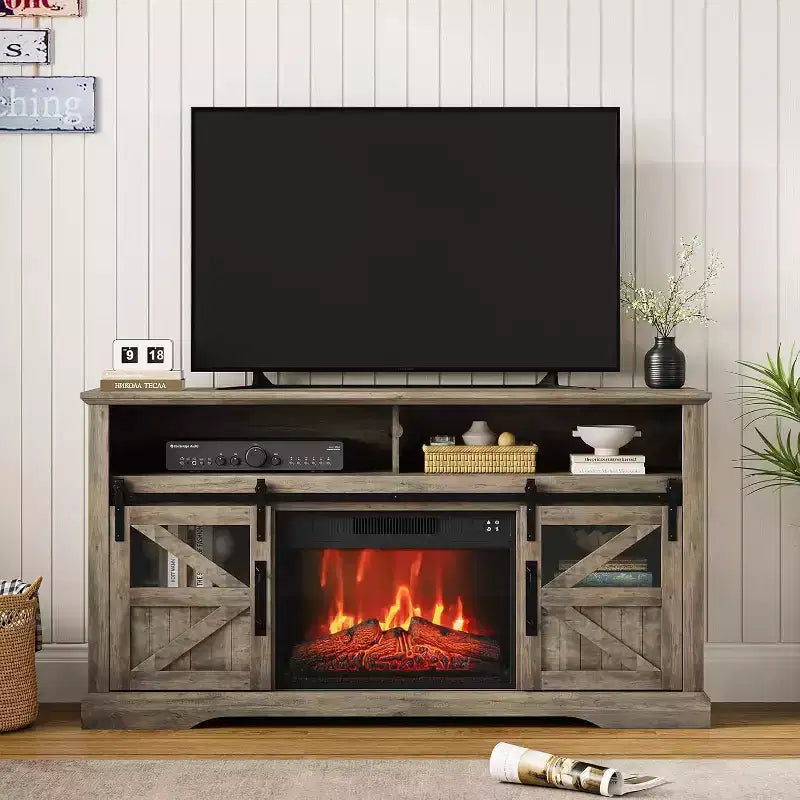 Meuble TV de ferme pour téléviseurs de 65 pouces, meuble de divertissement avec éclairage d'ambiance, meuble de rangement à portes coulissantes avec étagères réglables