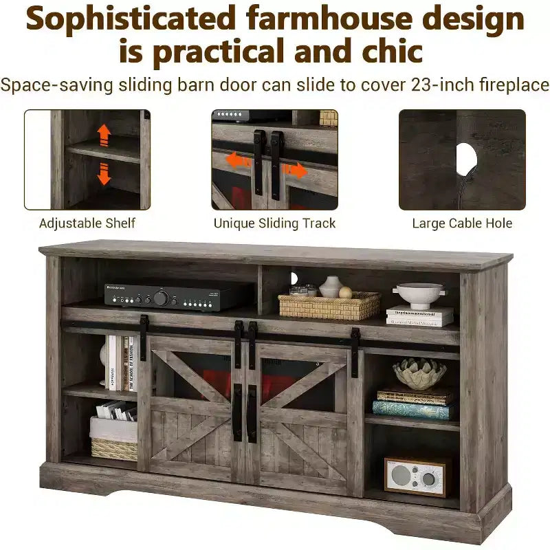 Meuble TV de ferme pour téléviseurs de 65 pouces, meuble de divertissement avec éclairage d'ambiance, meuble de rangement à portes coulissantes avec étagères réglables