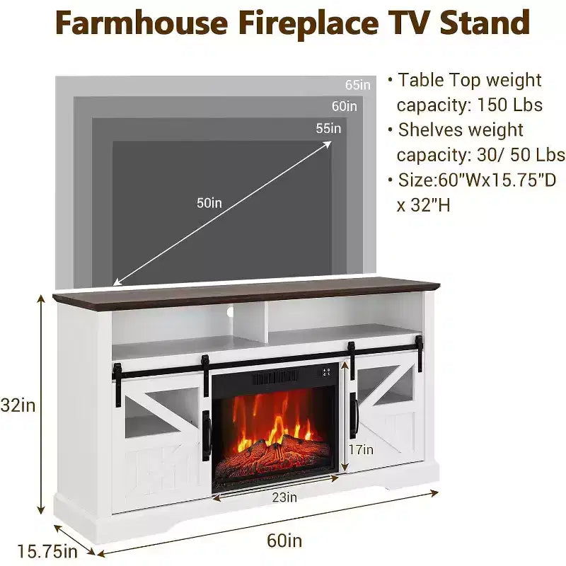 Meuble TV de ferme pour téléviseurs de 65 pouces, meuble de divertissement avec éclairage d'ambiance, meuble de rangement à portes coulissantes avec étagères réglables