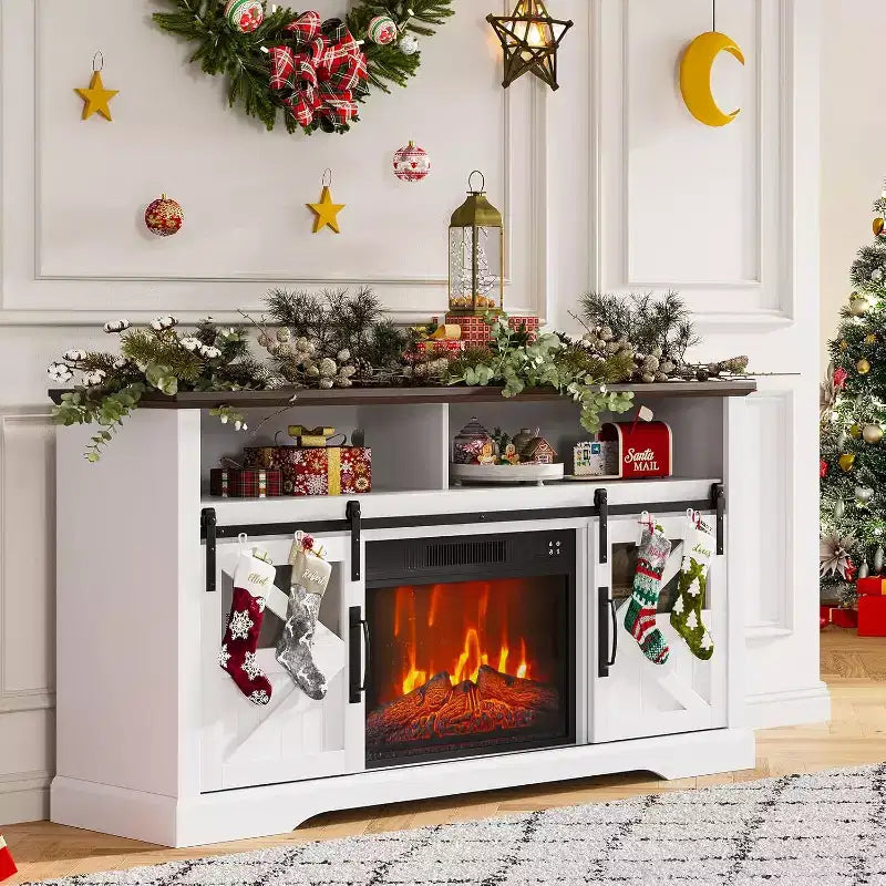 Meuble TV de ferme pour téléviseurs de 65 pouces, meuble de divertissement avec éclairage d'ambiance, meuble de rangement à portes coulissantes avec étagères réglables