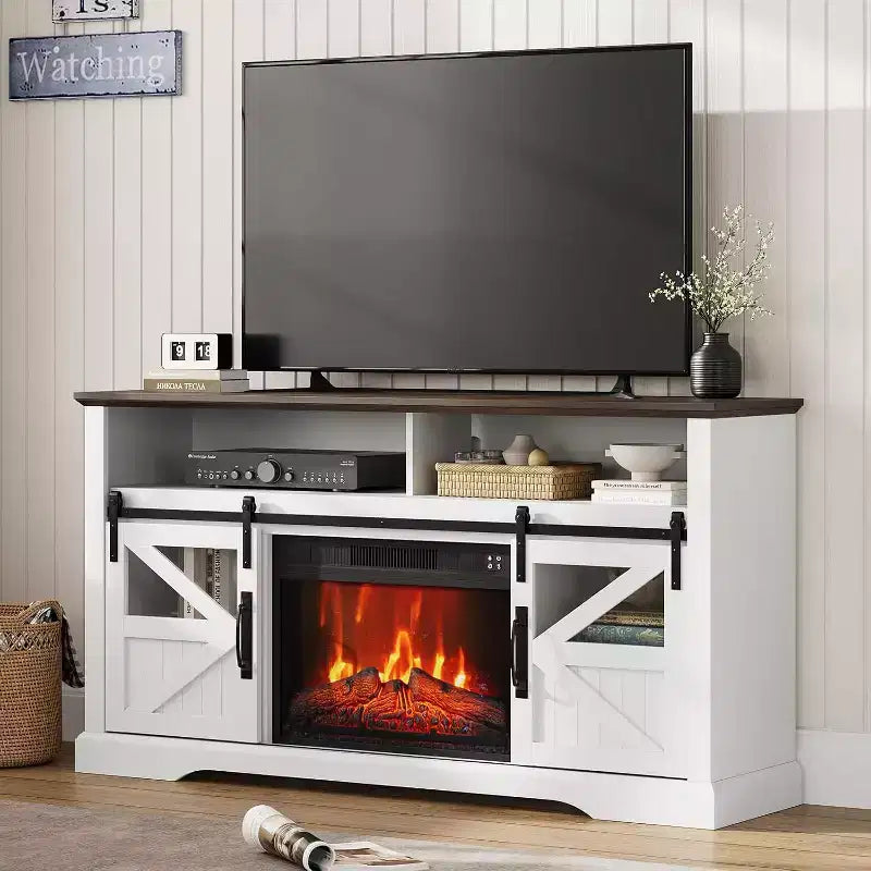 Meuble TV de ferme pour téléviseurs de 65 pouces, meuble de divertissement avec éclairage d'ambiance, meuble de rangement à portes coulissantes avec étagères réglables