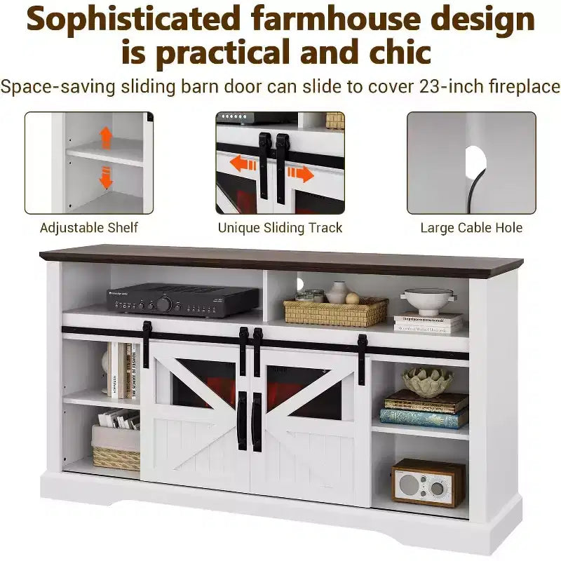 Meuble TV de ferme pour téléviseurs de 65 pouces, meuble de divertissement avec éclairage d'ambiance, meuble de rangement à portes coulissantes avec étagères réglables