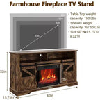 Meuble TV de ferme pour téléviseurs de 65 pouces, meuble de divertissement avec éclairage d'ambiance, meuble de rangement à portes coulissantes avec étagères réglables
