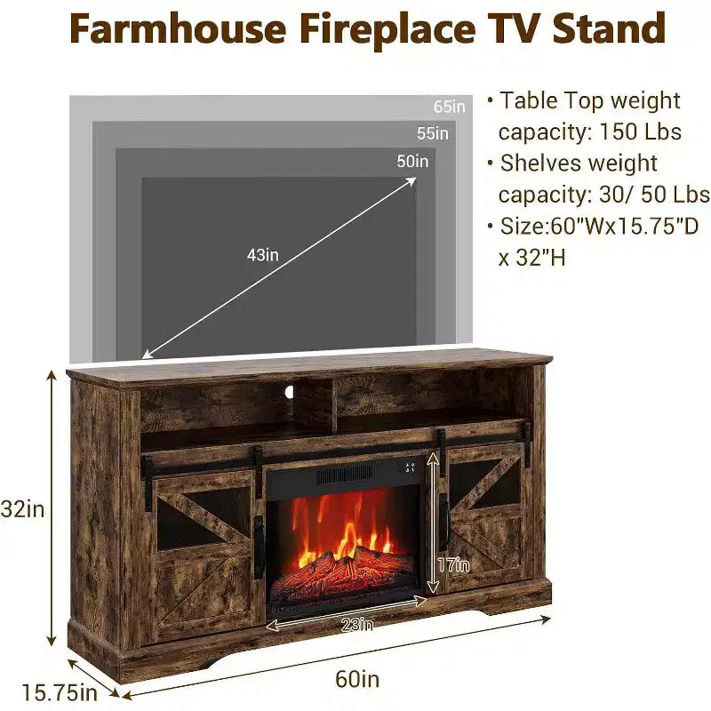 Meuble TV de ferme pour téléviseurs de 65 pouces, meuble de divertissement avec éclairage d'ambiance, meuble de rangement à portes coulissantes avec étagères réglables