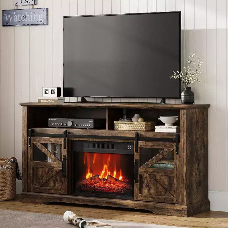 Meuble TV de ferme pour téléviseurs de 65 pouces, meuble de divertissement avec éclairage d'ambiance, meuble de rangement à portes coulissantes avec étagères réglables