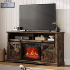 Meuble TV de ferme pour téléviseurs de 65 pouces, meuble de divertissement avec éclairage d'ambiance, meuble de rangement à portes coulissantes avec étagères réglables