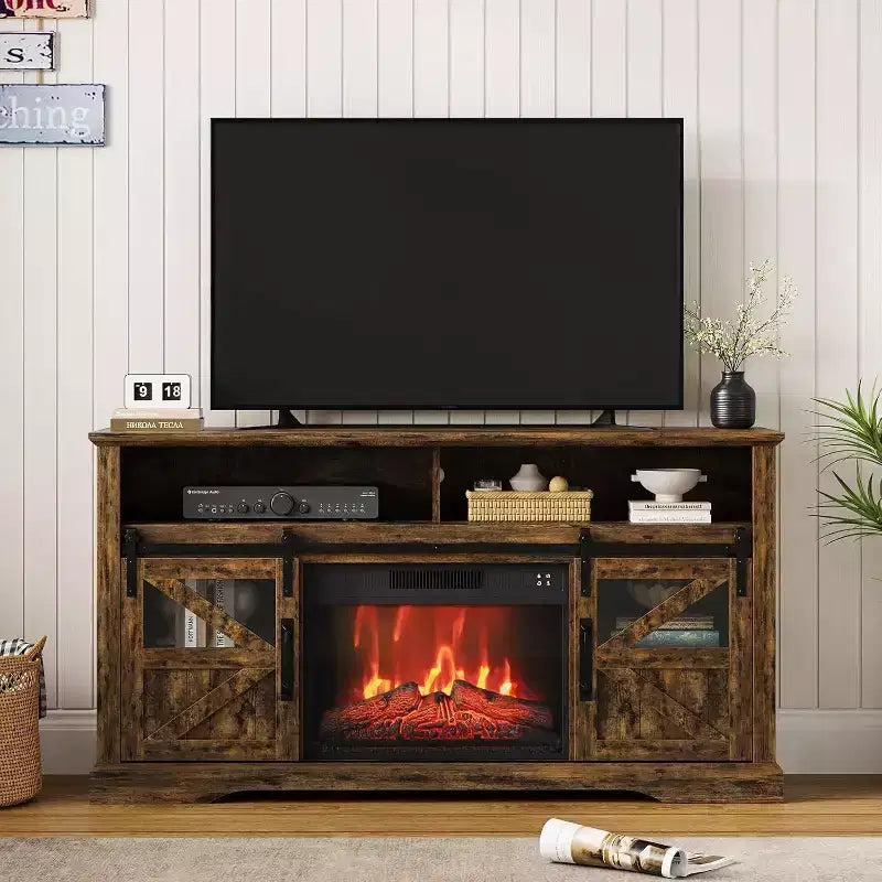 Meuble TV de ferme pour téléviseurs de 65 pouces, meuble de divertissement avec éclairage d'ambiance, meuble de rangement à portes coulissantes avec étagères réglables