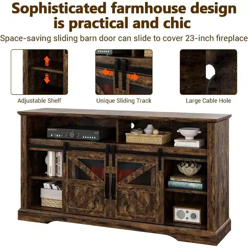 Meuble TV de ferme pour téléviseurs de 65 pouces, meuble de divertissement avec éclairage d'ambiance, meuble de rangement à portes coulissantes avec étagères réglables