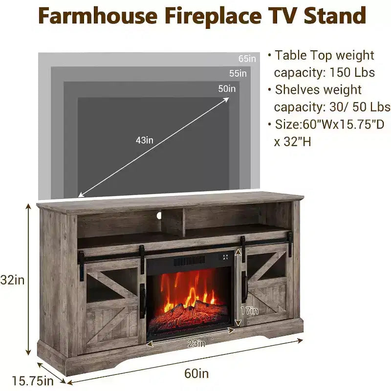 Meuble TV de ferme pour téléviseurs de 65 pouces, meuble de divertissement avec éclairage d'ambiance, meuble de rangement à portes coulissantes avec étagères réglables