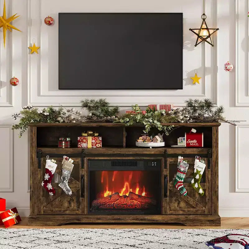 Farmhouse TV Stand for 65 Inch TVs, Entertainment Center with Ambient Glow Feature, Sliding Barn Door Storage Cabinet with Adjustable Shelves